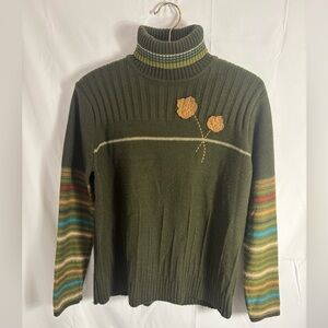 VTG 90s/y2k Army Green Striped Embellished Cabincore Turtleneck Sweater Size M